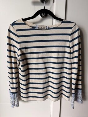 Sea New York Striped Cotton and Lace Long Sleeve Top Size S
